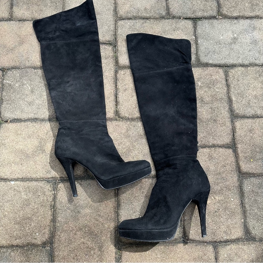 Stuart Weitzman Suede Over the Knee Button Back Platform Boots - Picture 4 of 8